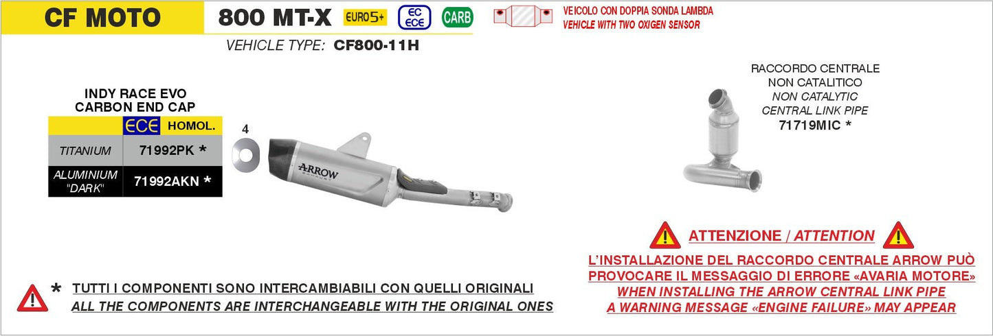 CF Moto 800 MT-X 2025- Arrow udstødning. Slip-on udstødninger, komplette udstødninger, manifold/forrør. Find det hos Pitboxen.dk
