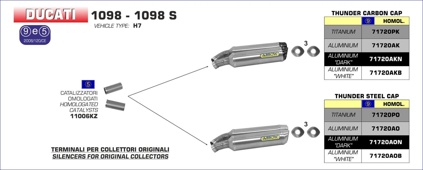 Ducati 1098 / 1098 S 2007-2008 Arrow udstødning. Slip-on udstødninger, komplette udstødninger, manifold/forrør. Find det hos Pitboxen.dk