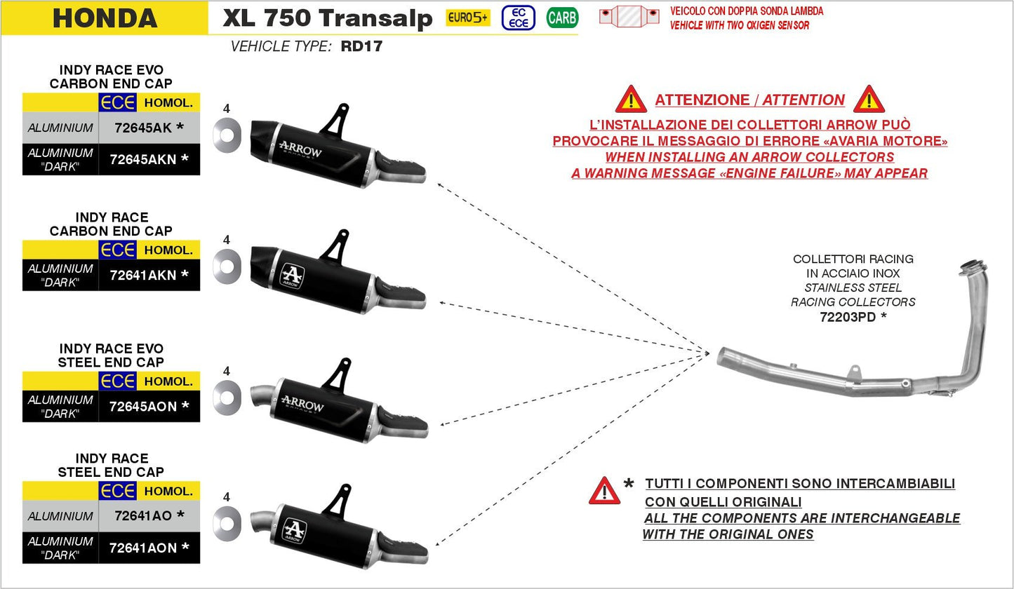 Honda XL 750 TRANSALP 2025- Arrow udstødning. Slip-on udstødninger, komplette udstødninger, manifold/forrør. Find det hos Pitboxen.dk
