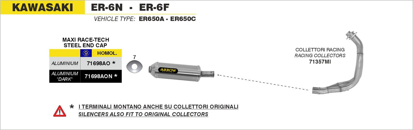 Kawasaki ER-6N - ER-6F 2005-2011 Arrow udstødning. Slip-on udstødninger, komplette udstødninger, manifold/forrør. Find det hos Pitboxen.dk