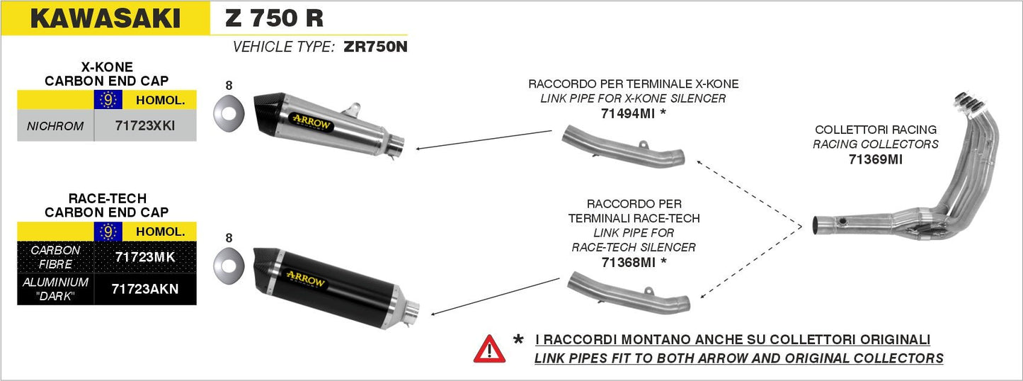 Kawasaki Z 750 R 2011-2014 Arrow udstødning. Slip-on udstødninger, komplette udstødninger, manifold/forrør. Find det hos Pitboxen.dk