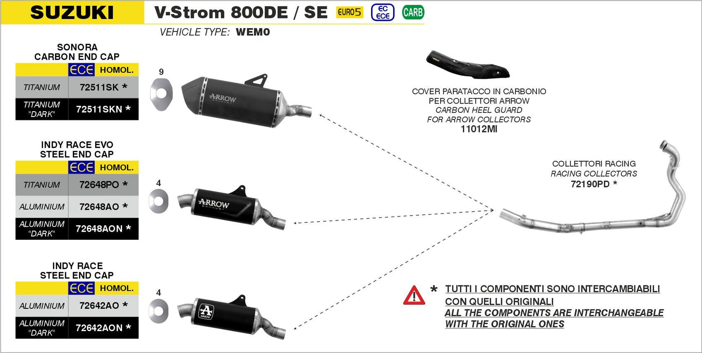 Suzuki V-STROM 800DE / SE 2023-2024 Arrow udstødning. Slip-on udstødninger, komplette udstødninger, manifold/forrør. Find det hos Pitboxen.dk