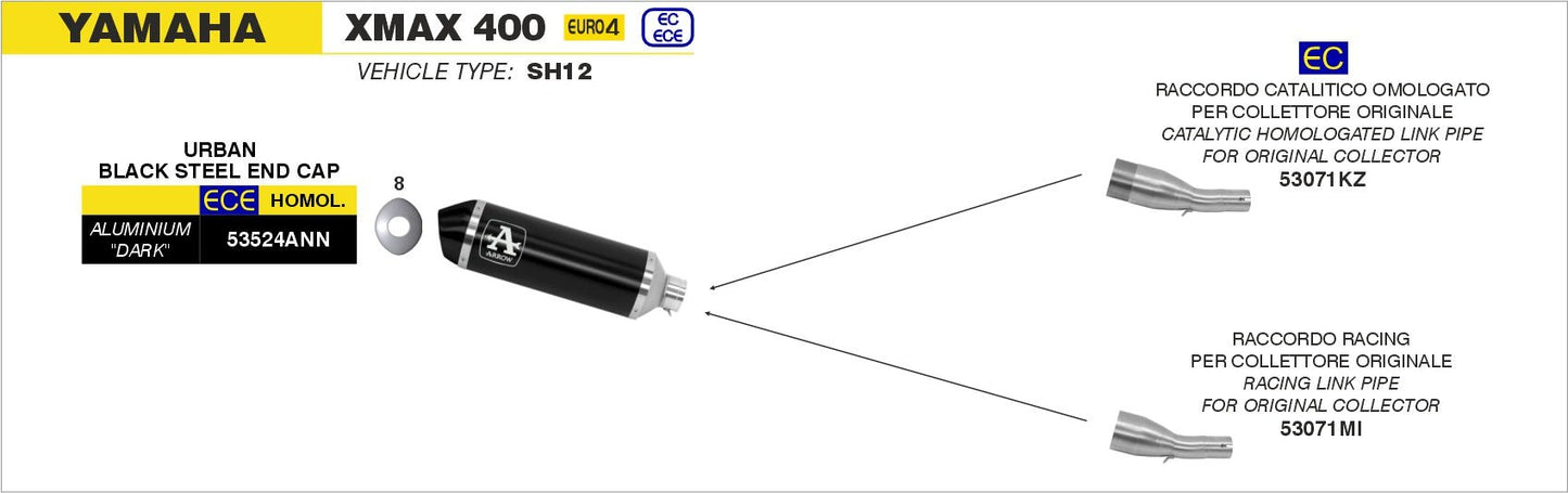 Yamaha XMAX 400 2017-2020 Arrow udstødning. Slip-on udstødninger, komplette udstødninger, manifold/forrør. Find det hos Pitboxen.dk