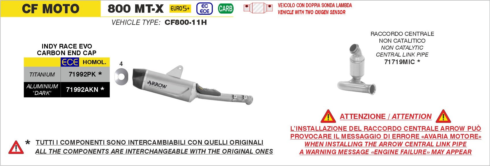 CF Moto 800 MT-X 2025- Arrow udstødning. Slip-on udstødninger, komplette udstødninger, manifold/forrør. Find det hos Pitboxen.dk