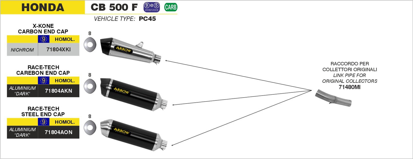 Honda CB 500 F 2013-2015 Arrow udstødning. Slip-on udstødninger, komplette udstødninger, manifold/forrør. Find det hos Pitboxen.dk
