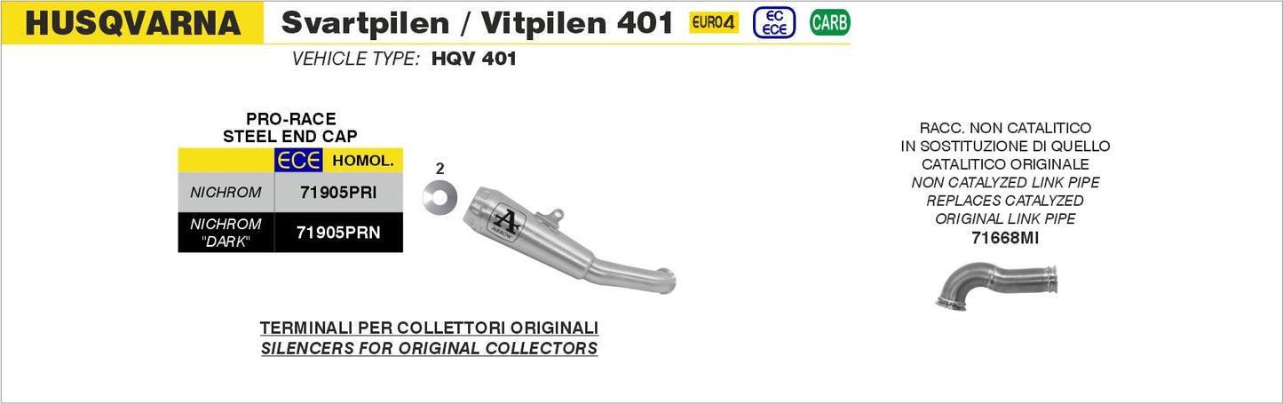 Husqvarna Svartpilen / Vitpilen 401 2018-2019 Arrow udstødning. Slip-on udstødninger, komplette udstødninger, manifold/forrør. Find det hos Pitboxen.dk