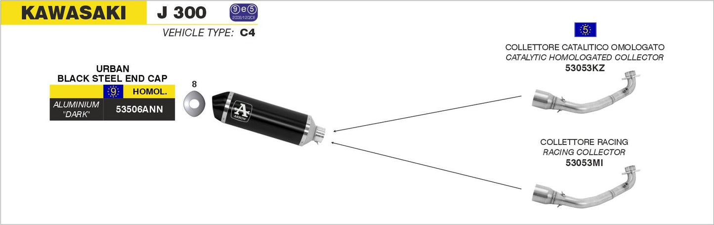 Kawasaki J 300 2014-2016 Arrow udstødning. Slip-on udstødninger, komplette udstødninger, manifold/forrør. Find det hos Pitboxen.dk