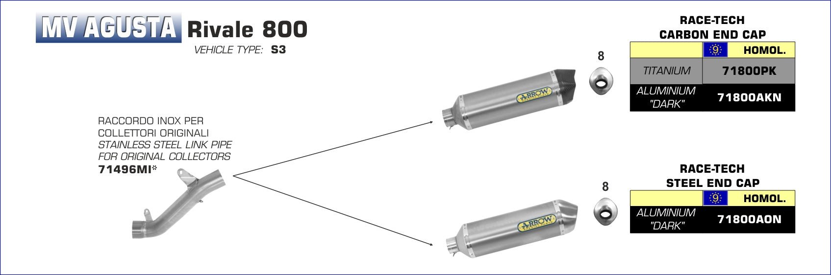 MV Agusta RIVALE 800 2014-2016 Arrow udstødning. Slip-on udstødninger, komplette udstødninger, manifold/forrør. Find det hos Pitboxen.dk