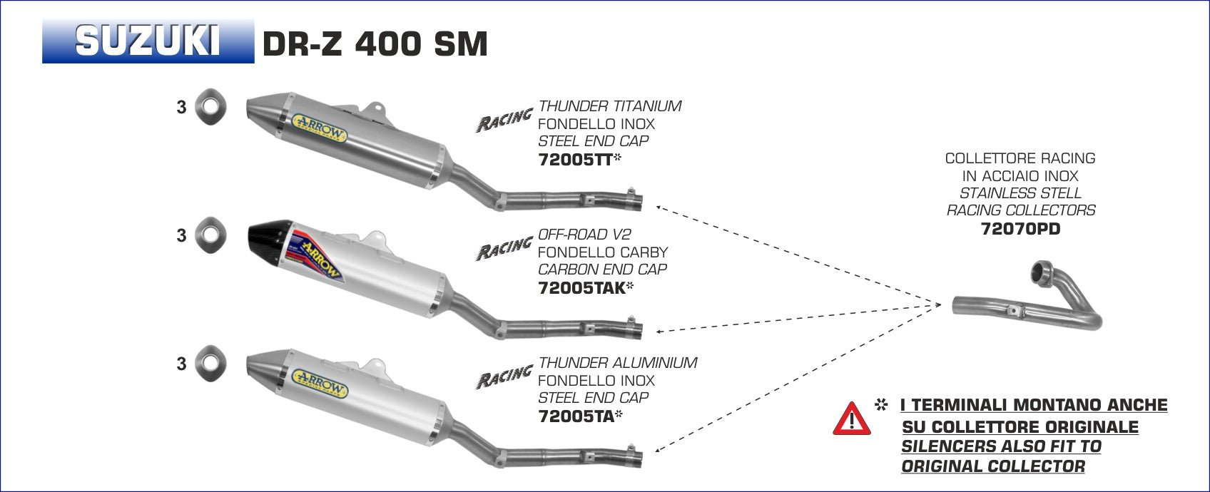 Suzuki DR-Z 400 SM 2005-2007 Arrow udstødning. Slip-on udstødninger, komplette udstødninger, manifold/forrør. Find det hos Pitboxen.dk