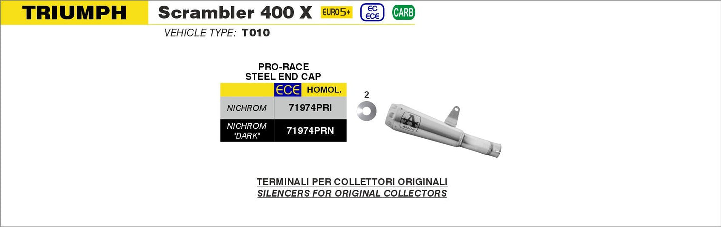 Triumph SCRAMBLER 400 X 2024- Arrow udstødning. Slip-on udstødninger, komplette udstødninger, manifold/forrør. Find det hos Pitboxen.dk