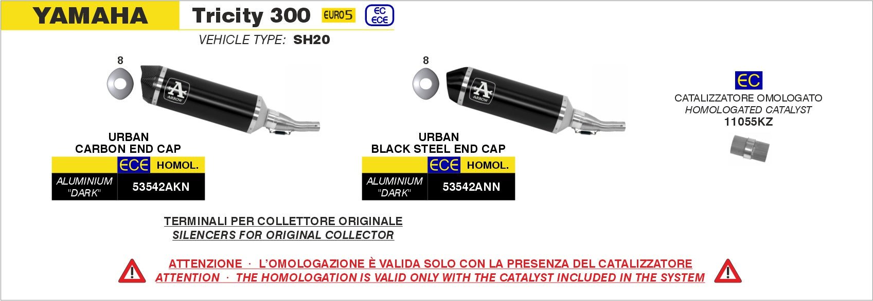 Yamaha Tricity 300 2021-2024 Arrow udstødning. Slip-on udstødninger, komplette udstødninger, manifold/forrør. Find det hos Pitboxen.dk