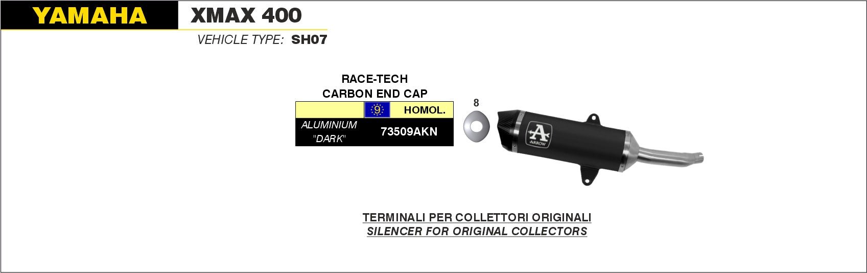 Yamaha XMAX 400 2013-2016 Arrow udstødning. Slip-on udstødninger, komplette udstødninger, manifold/forrør. Find det hos Pitboxen.dk